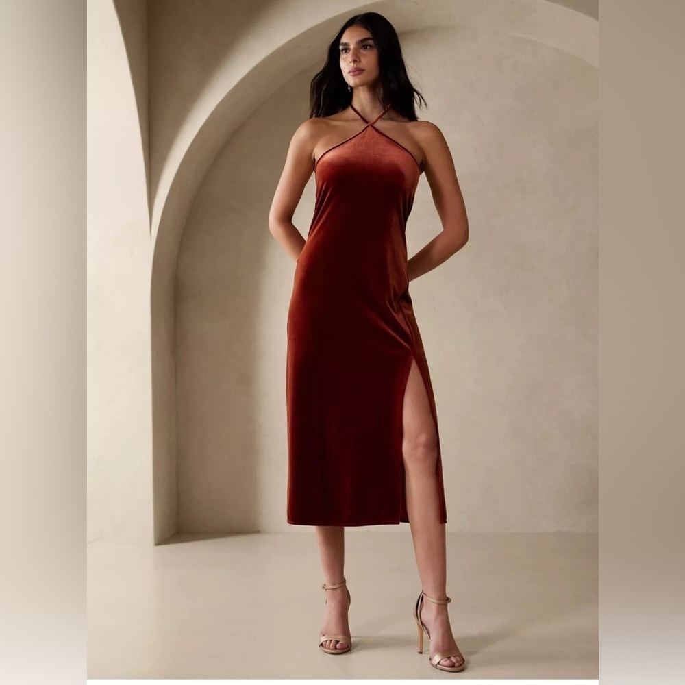 Banana Republic Velvet Halter Party Cocktail Midi Dress Sz LP in rich brown